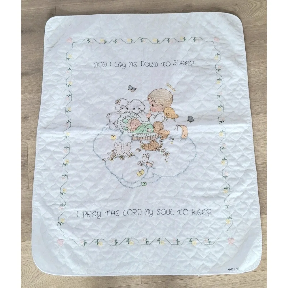 Vintage 1997 Handmade Baby Quilt 33x40 Cross Stitch Now I Lay Me Down Prayer EUC